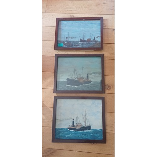 385 - Set of 3 Oil on Boards Trawler Scenes Paintings (inscriptions on back) - faded, loose from frames. o... 