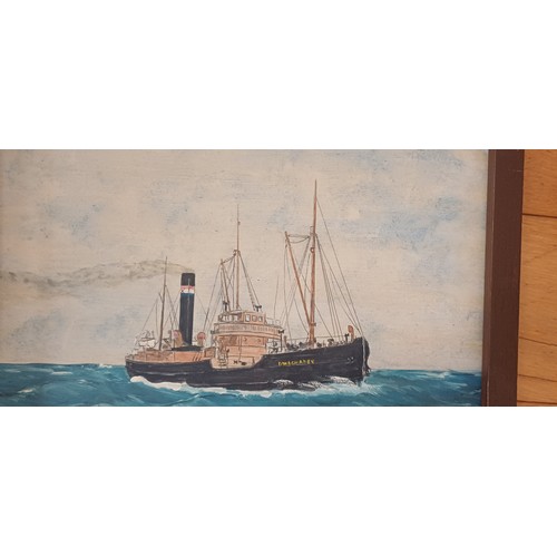 385 - Set of 3 Oil on Boards Trawler Scenes Paintings (inscriptions on back) - faded, loose from frames. o... 