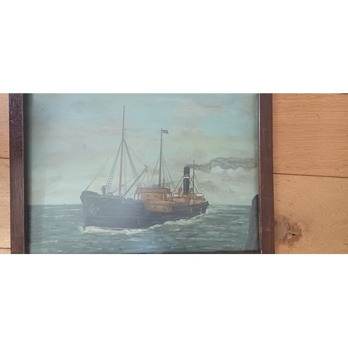385 - Set of 3 Oil on Boards Trawler Scenes Paintings (inscriptions on back) - faded, loose from frames. o... 