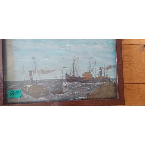 385 - Set of 3 Oil on Boards Trawler Scenes Paintings (inscriptions on back) - faded, loose from frames. o... 