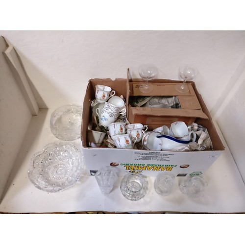 Two Boxes of China Tea Sets, Glass, Crystal Bowels etc.