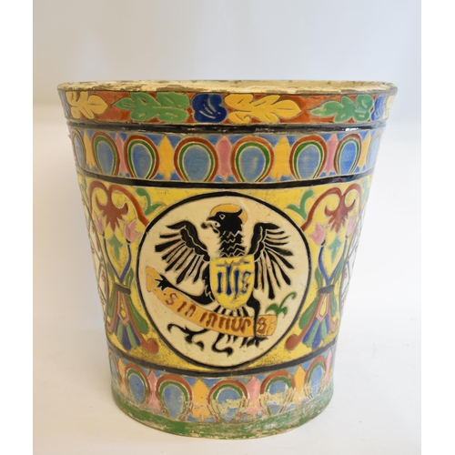 561 - A large Continental majolica jardiniere, of tapering cylindrical form, decorated heraldic motifs, 39... 