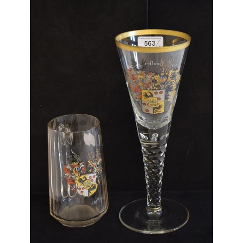 563 - A large 18th century style drinking glass, with enamel and gilt decoration, on a faceted stem, 28 cm... 