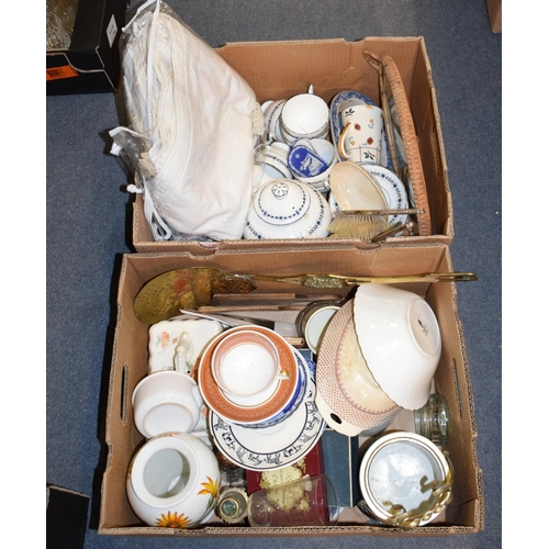 577 - Assorted ceramics, a pair of silver backed brushes, metal wares and items (2 boxes)