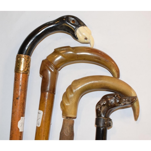 778 - A walking cane, with a metal dog head handle, and three other walking sticks (4)