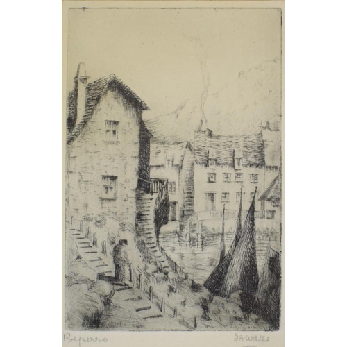 779 - A J A Wates artist's proof etching, Polperro, signed, two other etchings, and five other pictures (7... 