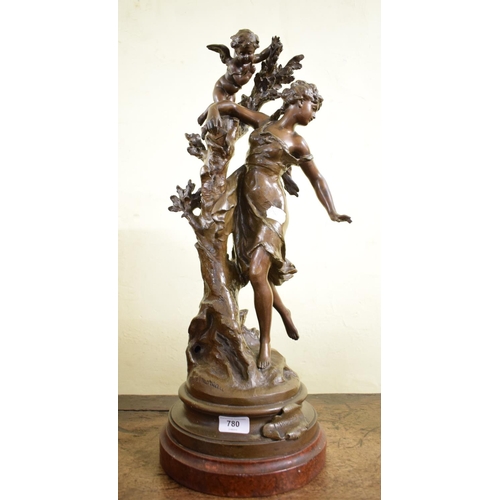 780 - A spelter figure, after Moreau, L'Indiscret, on a faux marble base, 58 cm high