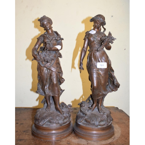 781 - A pair of spelter figures, after Moreau, ladies with flowers, 45 cm high (2)