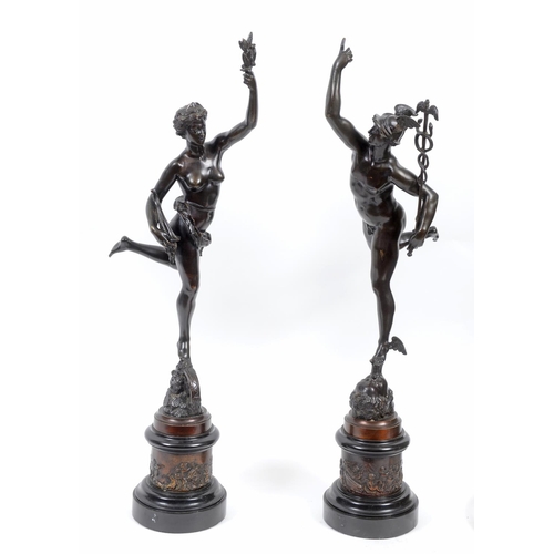 792 - A pair of bronze figures in the form of Hermes and a Greek godess, on marble bases, 86 cm high (2)  ... 