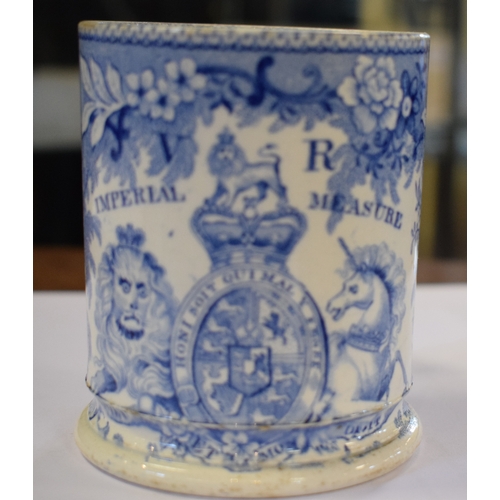 507 - A Davenport Queen Victoria commemorative blue transfer printed mug, cracked, 9 cm high, a Queen Vict... 