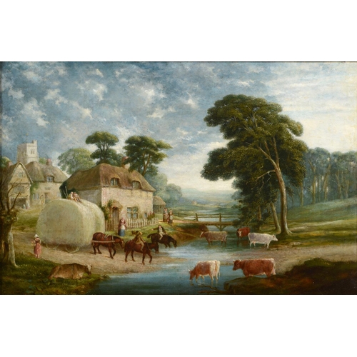 105 - English school, 19th century, a village farm scene with animals crossing a river, oil on canvas, 43 ... 