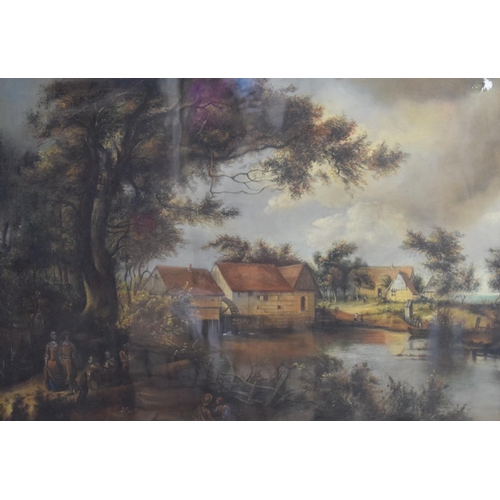 109 - English school, 19th century, a watermill with a mill pond and figures, pastel, 50 x 71 cm