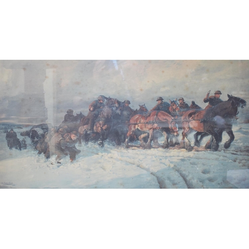 122 - A Lucy Kemp-Welch artist's print, First World War horses and soldiers dragging a gun through the sno... 