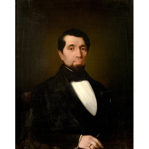 127 - English school, 19th century, a head and shoulders portrait of a gentleman wearing black tie, oil on... 