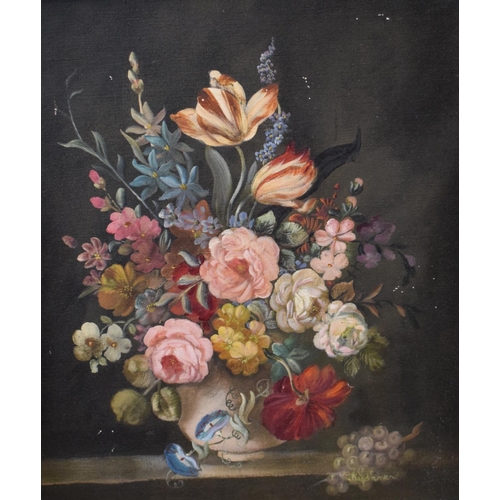 132 - L Nanderman (?), a still life of flowers, oil on canvas, indistinctly signed, 59 x 50 cm, and a Pear... 