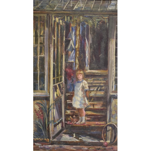 134 - Leslie Woollaston (1900-1976), a portrait of a young girl standing on a staircase, oil on canvas, in... 