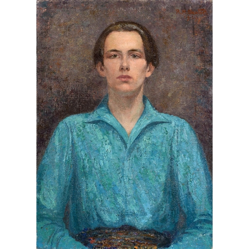 14 - Rudolf Helmut Sauter (1895-1977), The Blue Shirt, oil on canvas, signed and dated 1924, labels verso... 