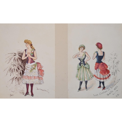 167 - A 19th century album of 63 watercolour theatre costumes, signed FAB or GHB