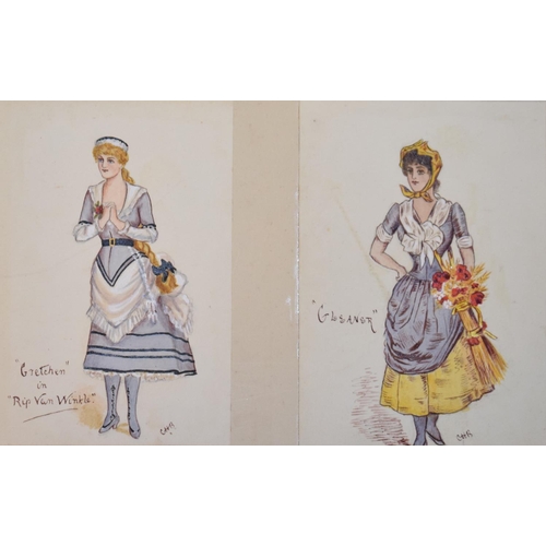 167 - A 19th century album of 63 watercolour theatre costumes, signed FAB or GHB