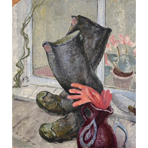 20 - Rudolf Helmut Sauter (1895-1977), a still life of wellington boots and a pair of gloves poking out o... 