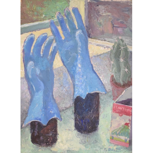 23 - Rudolf Helmut Sauter (1895-1977), a still life of blue gloves, a cactus and a tin on a windowsill, o... 