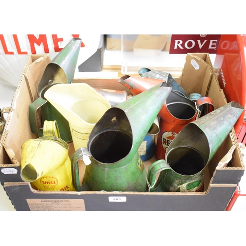 403 - Assorted vintage oil jugs, including RAMERS (pint), CASTROL, SHELL, REGENT, and others (box)