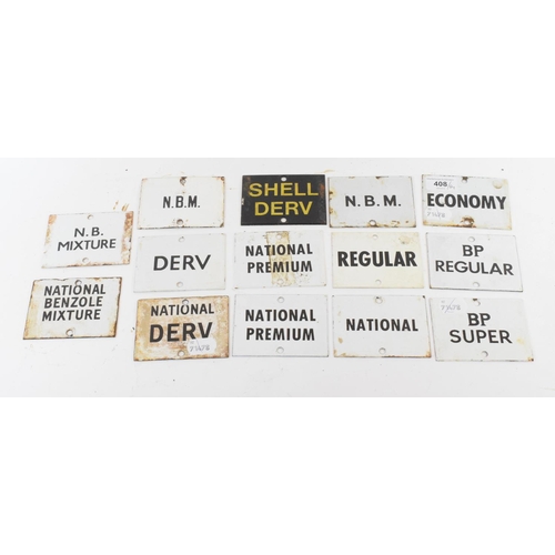 408 - Assorted enamel petrol pump point of sale signs, including BP SUPER, NATIONAL PREMIUM SHELL DIESEL a... 