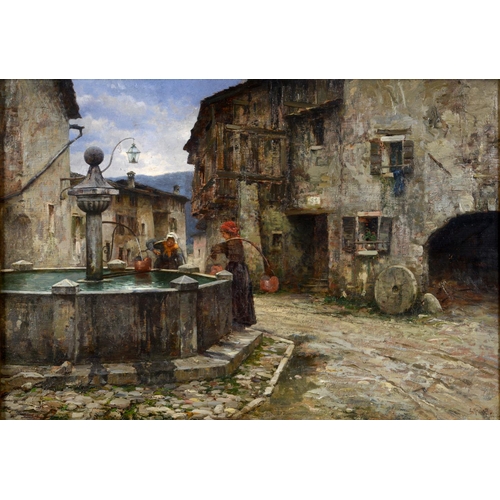 41 - Emo Mazzetti (1870-1955), a Venetian street scene, with women drawing water from a fountain, oil on ... 