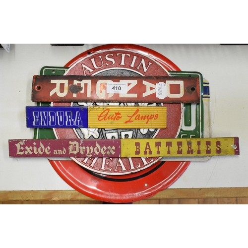 410 - An enamel sign, DANGER, 30 cm high and Austin Healey wall plaque, 24 cm diameter and other signs (qt... 