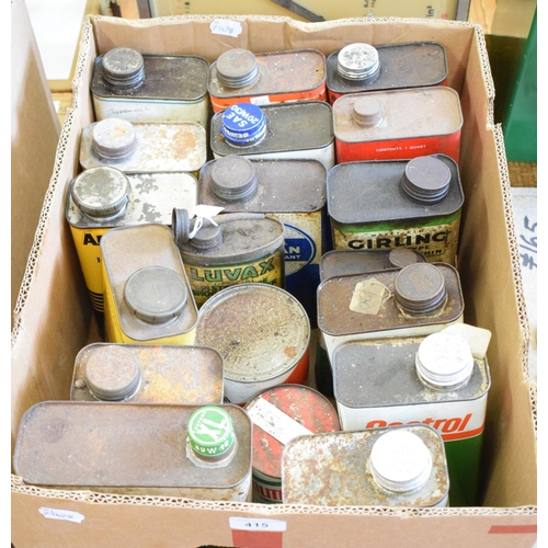 415 - Assorted vintage oil cans for various retailers, including CASTROL, GIRLING, ARMSTRONG, SILVER KNIGH... 