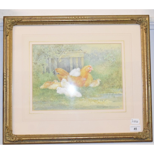 45 - George Beningfield, a Buff Orphington Hen with her chicks, watercolour, signed, 23 x 31 cm