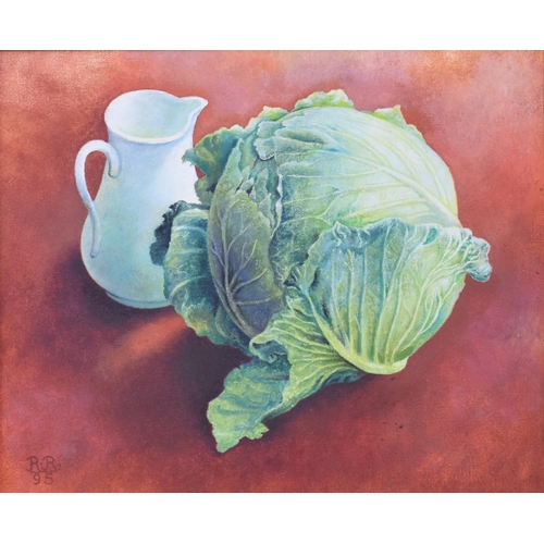 50 - Modern British school, a still life of a cabbage and a jug, oil on canvas, initialled R R and dated ... 