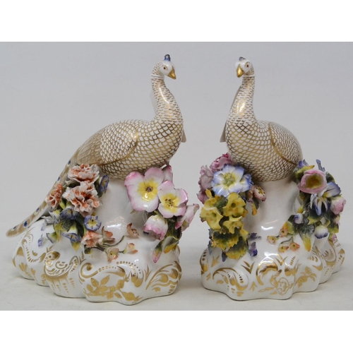 562 - A pair of Derby peacocks, with gilt decoration, on floral encrusted bases, some loss, 18 cm high (2)