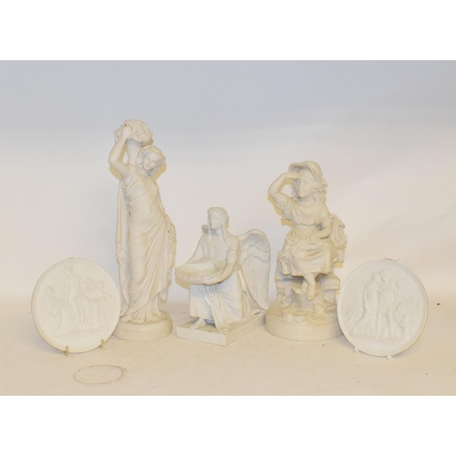 585 - A Copenhagen Eneret angel, repaired, 21 cm high, and two similar roundels, a Parian ware figure, of ... 