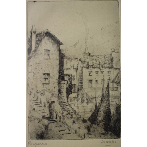 61 - A J A Wates artist's proof etching, Polperro, signed, two other etchings, and five other pictures (7... 