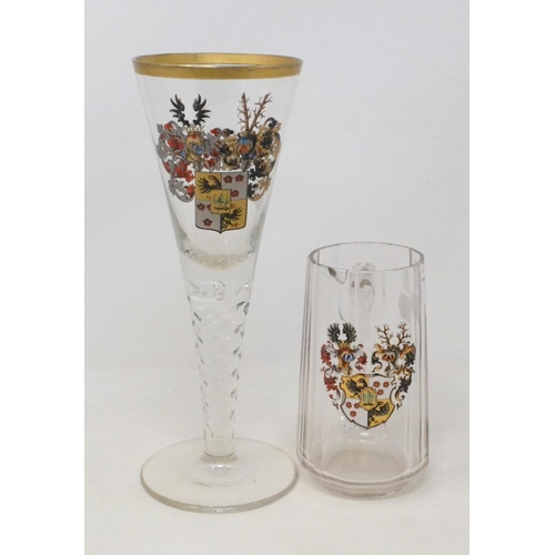 622 - A large 18th century style drinking glass, with enamel and gilt decoration, on a faceted stem, 28 cm... 