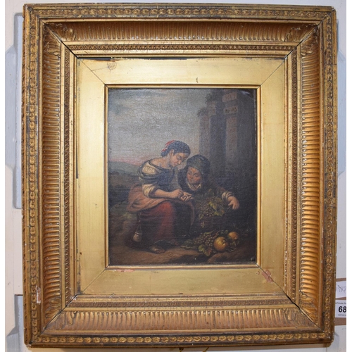 68 - Continental school, the fruit pickers, oil on panel, 20 x 17 cm, and its pair (2)