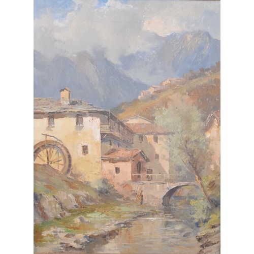 75 - Continental school, early 20th century, alpine chalets, oil on canvas, indistinctly signed, 39 x 28.... 