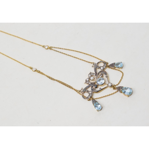 799 - A 9ct gold, silver, diamond, blue topaz and pearl necklace