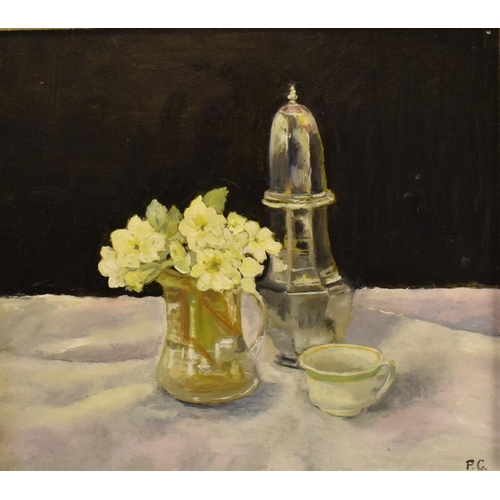 80 - Modern British school, a still life of glass bottles and vessels, oil on board, initialled P G, 29.5... 