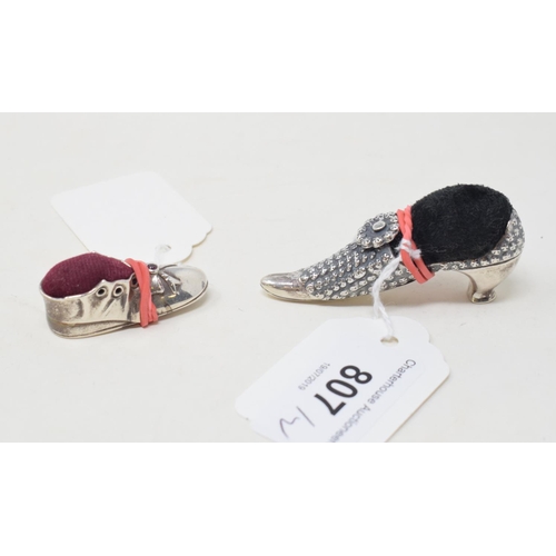 807 - Two novelty silver shoe pincushions (2)