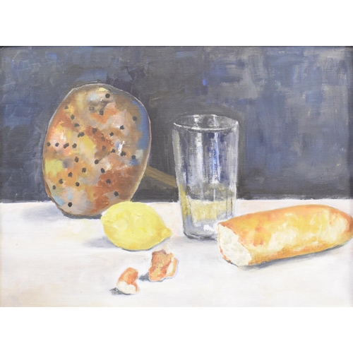 86 - Modern British school, a still life of bread, keys and grapes in a green bowl, oil on board, 15.5 x ... 