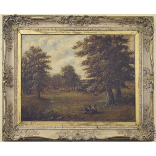 97 - Constance Dickins, a parkland scene with figures and animals, oil on canvas, signed and dated 1879, ... 