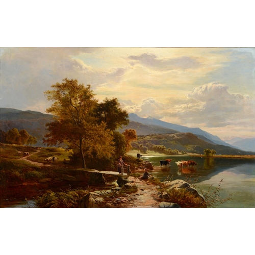 98 - Sidney Richard Percy (1821-1886), Moel Siabod from Capel Curig, with cattle by the water and figures... 