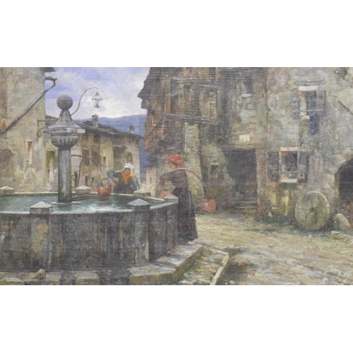 41 - Emo Mazzetti (1870-1955), a Venetian street scene, with women drawing water from a fountain, oil on ... 