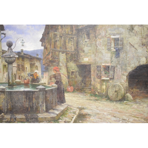 41 - Emo Mazzetti (1870-1955), a Venetian street scene, with women drawing water from a fountain, oil on ... 