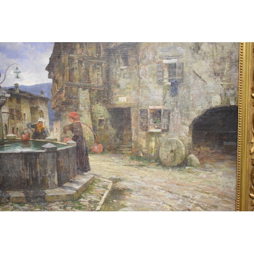 41 - Emo Mazzetti (1870-1955), a Venetian street scene, with women drawing water from a fountain, oil on ... 