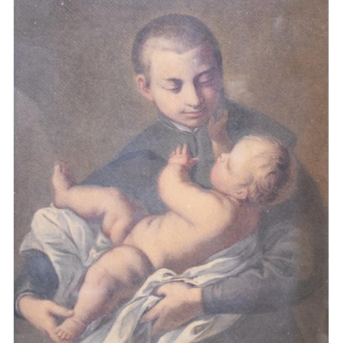 42 - Continental school, a portrait of a monk holding a baby, watercolour, 43 x 31.5 cm