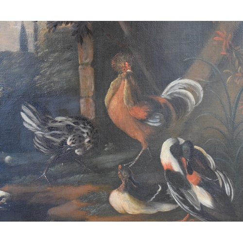 148 - Manner of Jan Van Oolen (Dutch 1651-1698), ducks and poultry by a pond, oil on canvas, William Ware ... 