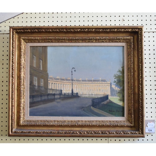 124 - Julian Barrow, The Royal Crescent, Bath, oil on canvas, signed, 29 x 39 cm, and its pair, Circus, Ba... 